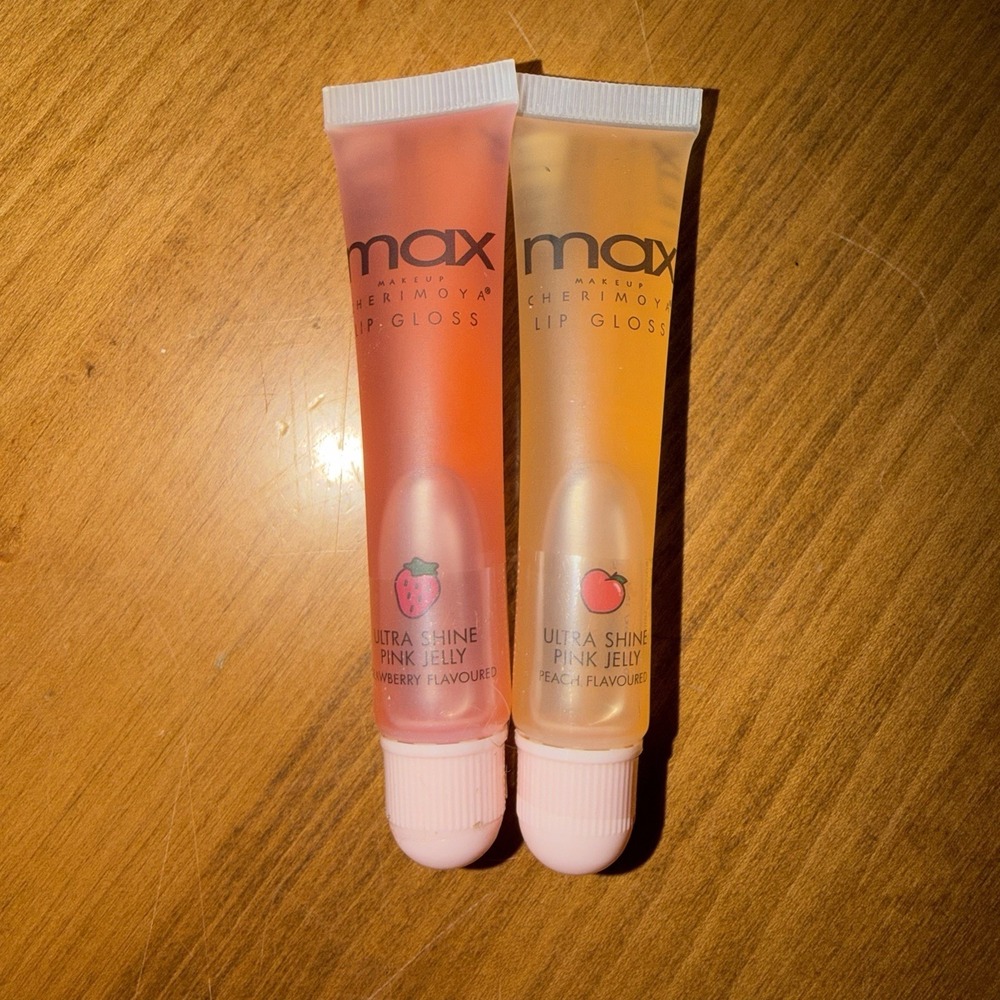 NEW Max Cherimoya Lip Gloss Ultra Shine Pink Jelly Peach &‎ Strawberry LOT OF 2